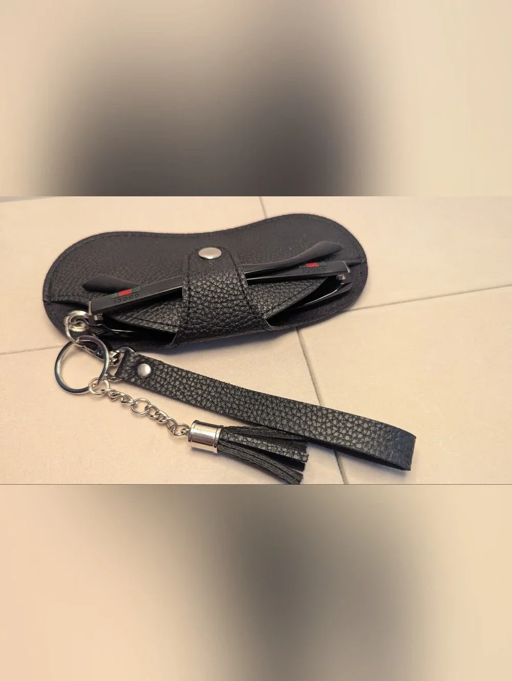 Black Sunglasses Case/Keeper Keychain with Tassel R061626-01
